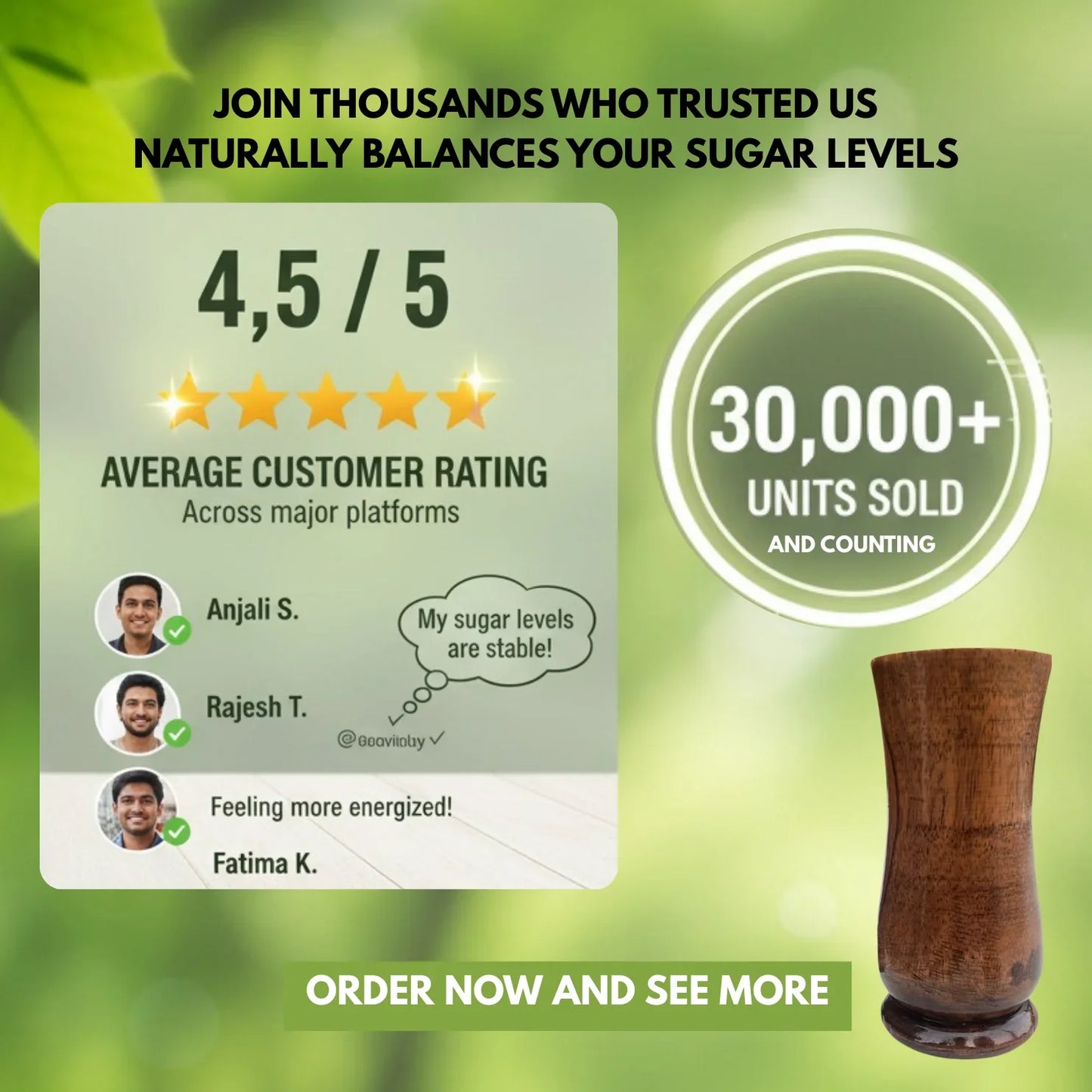 SugarCare Balance Wooden Water Glass (Natural Sugar Solution)